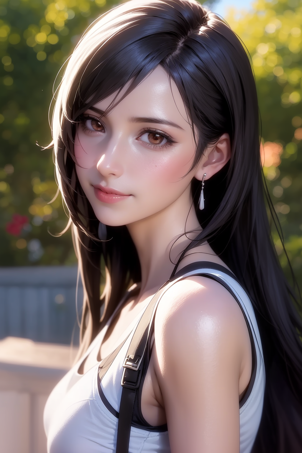 00153-1306754841-Tifa,1girl,tifa lockhart,solo,long hair,earrings,jewelry,black hair,smile,looking at viewer,tank top,brown eyes,swept bangs,bare.png